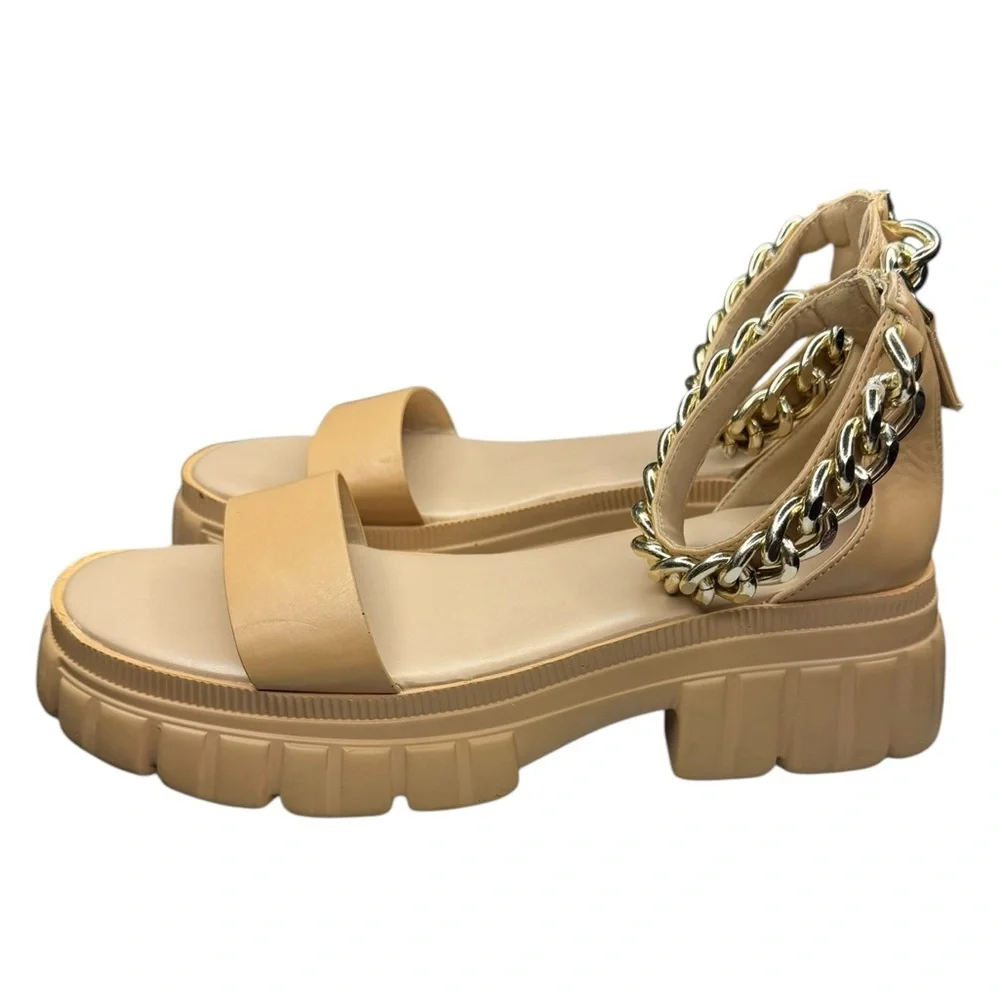 ASOS DESIGN Finicky chunky flat sandals with chain detail in beige